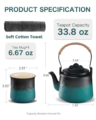 Ceramic Teapot with Infuser (Black/Green / 33.8oz Teapot&4 of 8oz Cups)