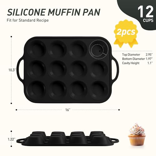 2 Packs 12 Cups Silicone Muffin Pan with Metal Reinforced Frame Regular Size Cupcake Tray Egg Mold Wedding Day Engaged Engagement Hostess Couple Newly Wed House Christmas Married Unique Gift (2pc: 12-Cup Regular / Black)