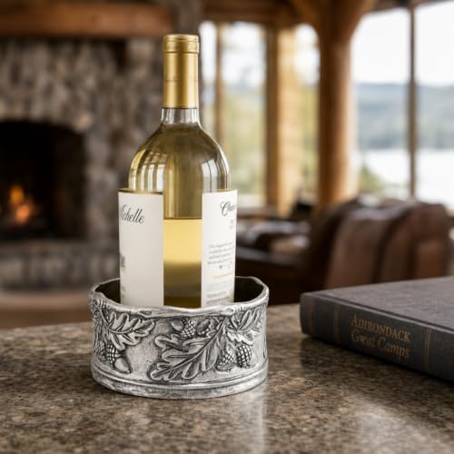 Wine Bottle Coaster Handcraft Pewter Acorn and Oak Leaf Pattern Heirloom Quality 5 inch Diameter x 2.25 inch Tall
