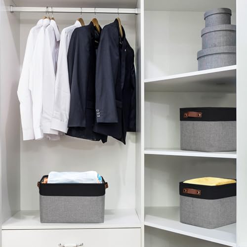 Storage Bins Large Fabric Storage Baskets for Shelves 3 Pack (Gray / Black / Large -15"x11"x9.5")
