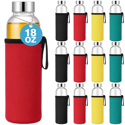 12 Pack Glass Water Bottles with Sleeves (Low Profile / Multicolored)