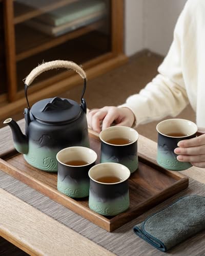 Japanese Teapot Set with 4 Cups (Black & Pea Green / 33.8oz Teapot&4 of 8oz Cups)
