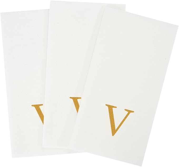Luxenap 15.8 X 7.9 Inch Linen-Feel Guest Towels, 2000 Lettered Hand Towels - Gold Letter 'V', Sans Serif Font, White Paper Dinner Napkins, airlaid, For Restrooms And Tables