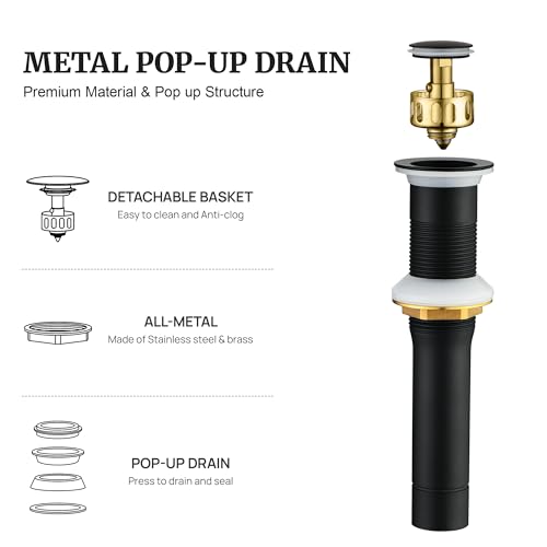 Pop up Sink Drain Stopper for Bathroom Vessel Vanity Sink Art Basin Matte Black