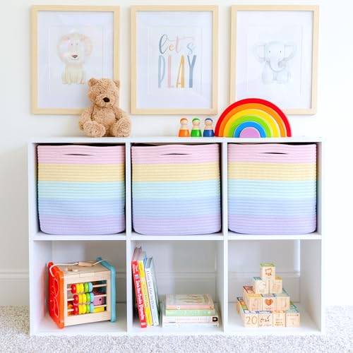 Storage Cubes 11 Inch Cotton Rope Woven Baskets for Organizing (Pastel Rainbow)