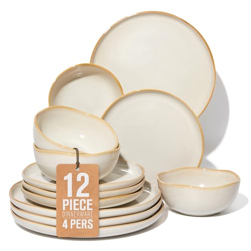 Stoneware Dinnerware Sets for 4 (Yellow White / Set (12pcs))