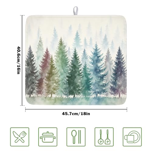 Pine Tree Dish Drying Mat Natural Forest Fog Microfiber Dishes Pad 16x18 Inch Absorbent Fast Dry Dish Drainer Rack Mats for Kitchen Counter (Pine / 16x18 inch)
