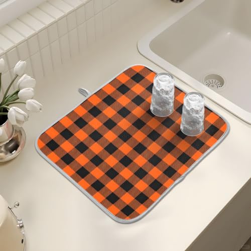Halloween Dish Drying Mat for Kitchen Counter Absorbent Microfiber Small Drying Pad Black Orange Buffalo Plaid Check Dish Mats for Kitchen Countertops 16 x 18 Inch (Halloween Buffalo Plaid / 18" x 16")