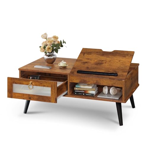 Coffee Table Lift Top Coffee Table with Storage Shelf (Retro Brown / 39" with Drawer)