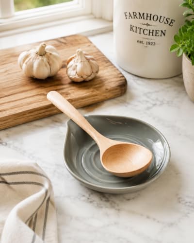 Spoon Rest Ceramic Spoon Holder for Stove Top Large Spatula Holder (Gray)