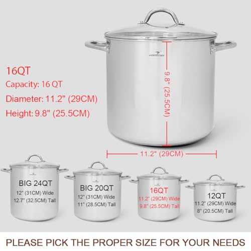 16 Quart LARGE Stock Pot with Glass Lid (16 Quarts / Mirror Polished Stainless Steel)