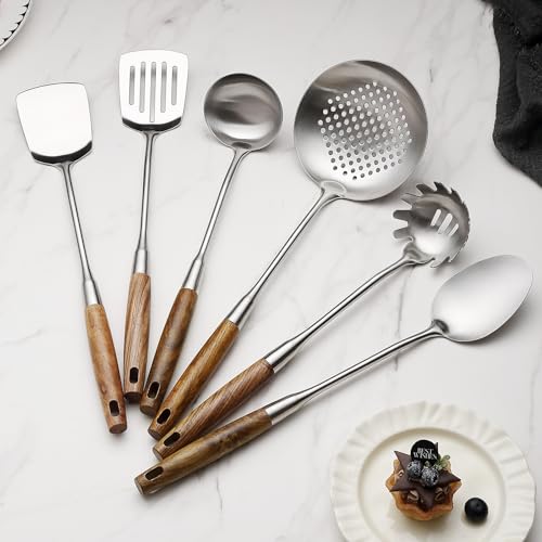 6 Pcs Cooking Utensils Set 304 Stainlss Steel Kitchen Utensils Set Heat Resistant Wooden Handle Kitchen Tools Metal Kitchen Utensil Soup Ladle Set (Wooden Handle-6 Pcs)