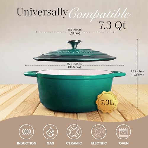 Cast Iron Dutch Oven with Lid (Dark Green / 7.3-Quart - Deep)