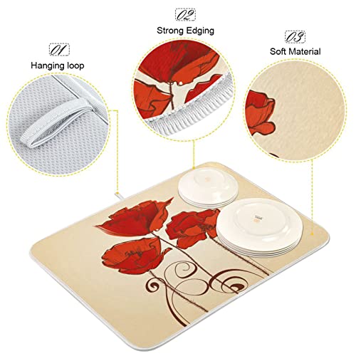 Super Absorbent Dish Drying Mat (Red Poppy Flowers Retro / 16" x 18")