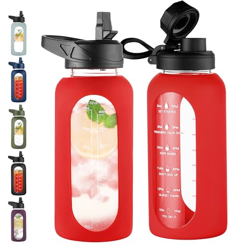 32 oz Glass Water Bottle with Straw (Red / 32 Ounces)