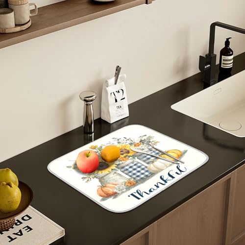 Autumn Pumpkin and Sunflower Floral Vase Dish Drying Mat for Kitchen Counter Absorbent Microfiber Small Drying Pad Dish Mats for Kitchen Countertops 16 x 18 Inch (18" x 16")