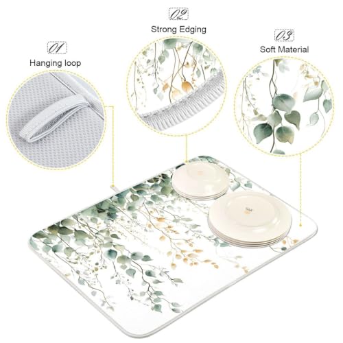 Green Sage Leaves Dish Drying Mat for Kitchen Counter Absorbent Microfiber Drying Pad (16" x 18")