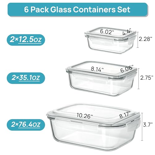 2.26L 76oz Extra Large Glass Food Storage Containers with Lids (Mixed of 6pack)