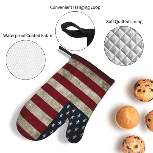 Retro American Flag Oven Mitts and Pot Holders Sets of 4 High Heat Resistant Oven Mitts with Oven Gloves and Hot Pads Polyester Potholders for Kitchen Baking Grilling Non