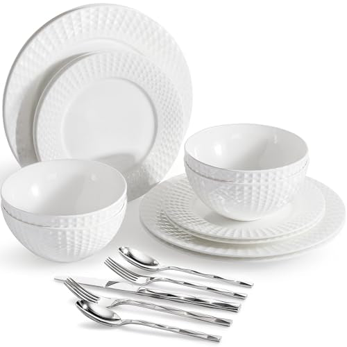 32Pc Bone China Dinnerware & Silverware Set (White-Rhombus / service for 4-32pcs)