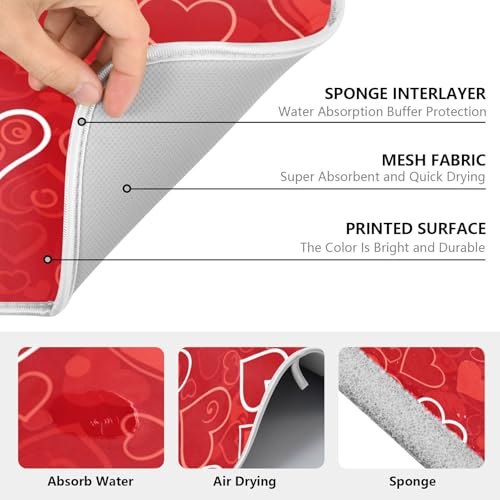 Red Hearts Cute Dish Drying Mat for Kitchen Counter Absorbent Microfiber Large Drying Pad Dish Mats for Kitchen Countertops 18 x 24 Inch (24" x 18")