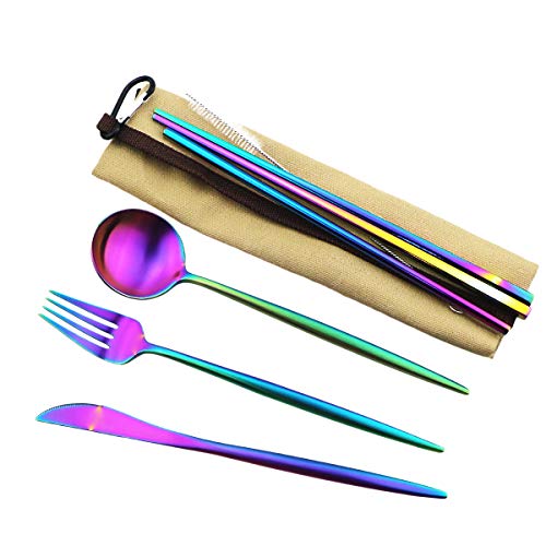 Reusable Travel Utensils (Khaki Pouch / Rainbow)