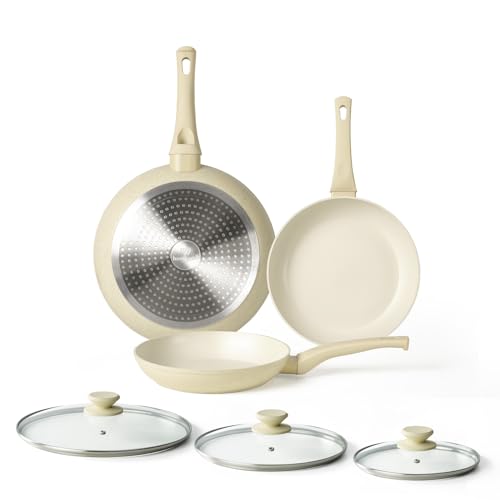 Nonstick Ceramic Frying Pans Skillets Set with Lid 8"+9.5"+11" (Beige)