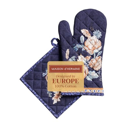 100% Cotton Oven Mitt & Pot Holder Set (072 - Pumpkin Blues / 7.5" x 13" & 8" x 8" (Oven Mitt & Pot Holder))