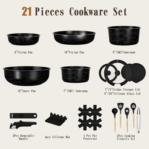 21Pcs Pots and Pans Set Non Stick (Black)