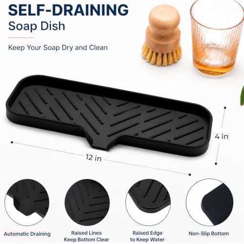 Silicone Soap Dish with Drain Spout (Black / L(12"×4"))