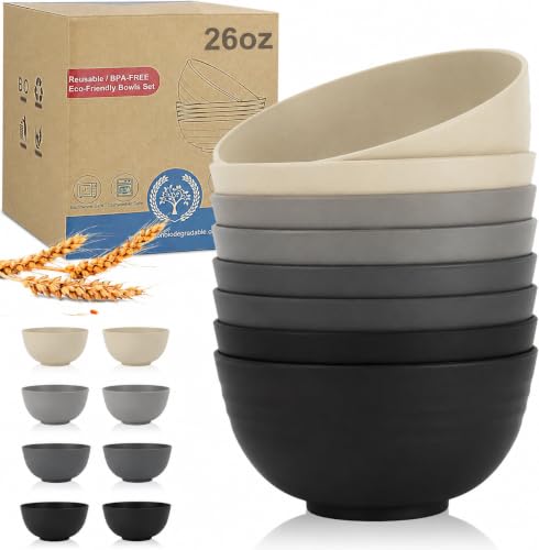 Wheat Straw Bowls Set 8 PCS (26 oz / Black & Gray)