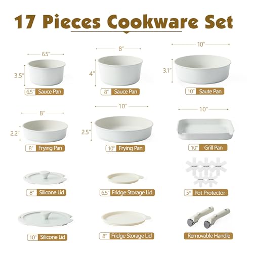 17 Piece Nonstick Detachable Handle Pots and Pans Set White (White / 17 Piece)