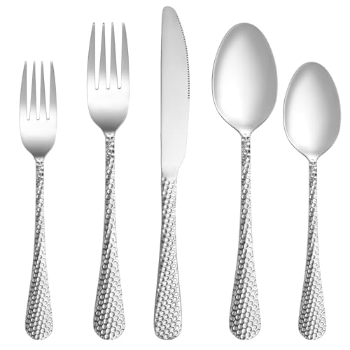 30 Pcs Hammered Silverware Set Service for 6 (Silver)