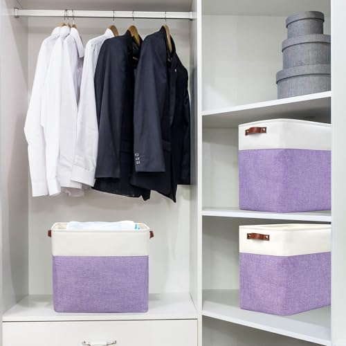 Large Fabric Storage Baskets (Purple / Off-White / Extra Large -17"x12"x15")