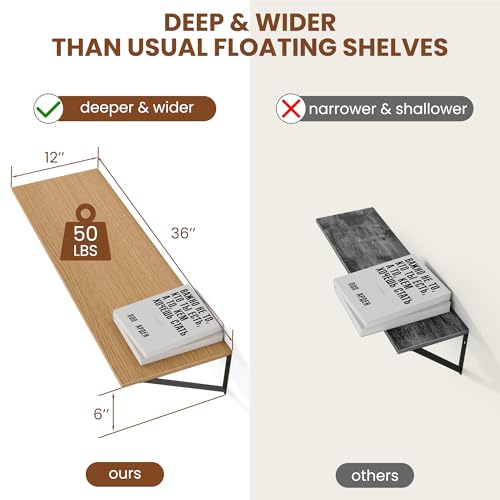36W x 12D Deep Floating Shelves Set of 2 Oak (Oak With Black Metal Bracket / 36Wx12Dx5.8H)