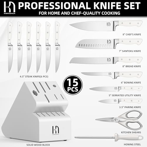 15 pc Japanese Kitchen Knife Block Set (White)