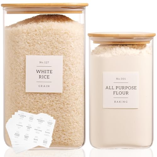 2 Pack large Square Glass Flour and Sugar Containers with 132 Kitchen Pantry Labels