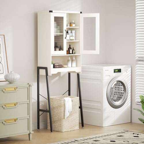 Over The Toilet Storage Cabinet with Tempered Glass Doors & Adjustable Shelf