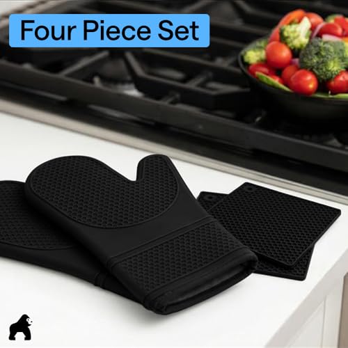 BPA Free Silicone Oven Mitts and Pot Holders Set (Black / 12.5" Oven Mitts + 7" Trivets)