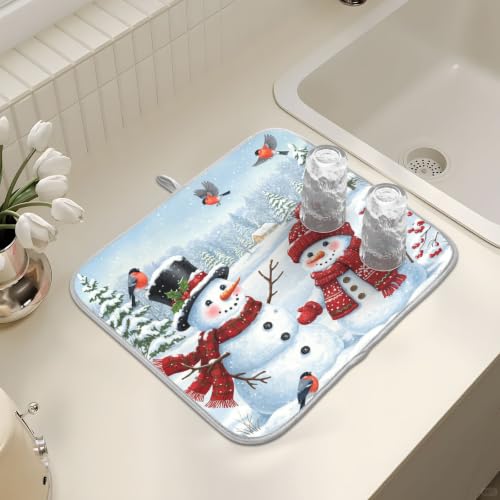 Winter Christmas Snowman Dish Drying Mat for Kitchen Counter Absorbent Microfiber Small Drying Pad Dish Mats Snowflakes for Kitchen Countertops 16 x 18 Inch (Christmas Snowman / 18" x 16")