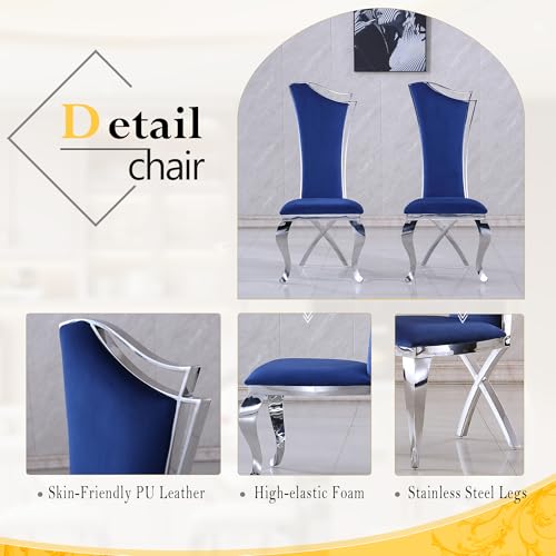 7 Piece Luxury Dining Room Set (Silver White + Blue / Dining Table + 6 High Back Chairs)