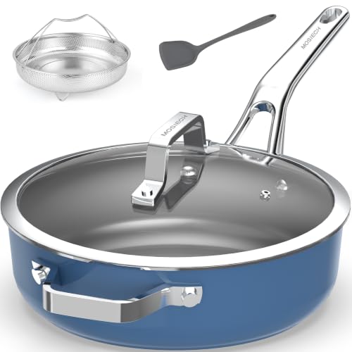 10-in-1 Blue Ceramic Nonstick Deep Saute Pan Set With Steamer & Lid, 4QT (Blue)