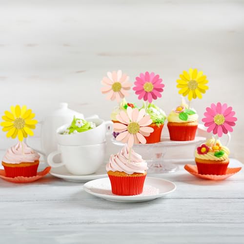 24Pcs Daisy Cupcake Toppers Daisy Cake Decorations Chrysanthemum Cupcake Toppers Spring Daisy Flower Cake Picks for Birthday Wedding Supplies Multicolor 3 (24 Count)