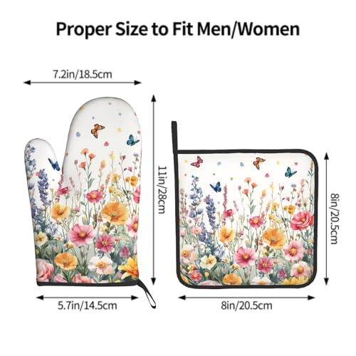 Spring Flower Oven Mitts and Pot Holder Kitchen Accessories Sets Botanical Floral Heat Resistant BBQ Cooking Oven Gloves Washable Hot Pads (Botanical Floral)