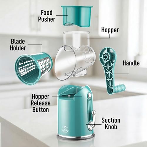 Rotary Cheese Grater Manual Hand Crank 5 Blade Shredder (5 Blades / Classic | Green)