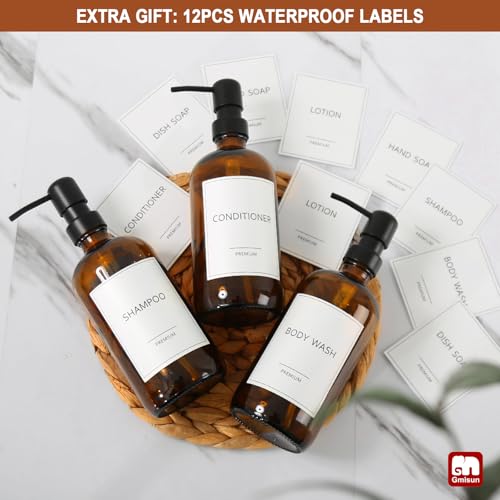 Shampoo and Conditioner Dispenser (Amber Bottle + Black Pump / 3 Pack)