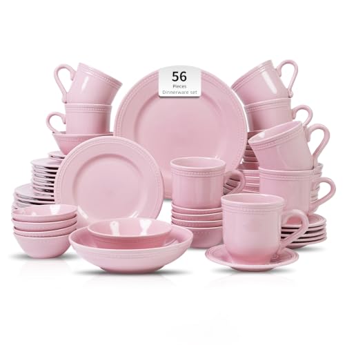 HomeVSS 56 Piece Pearl Dots Stoneware Dinnerware Set (56pc Set / Pink)