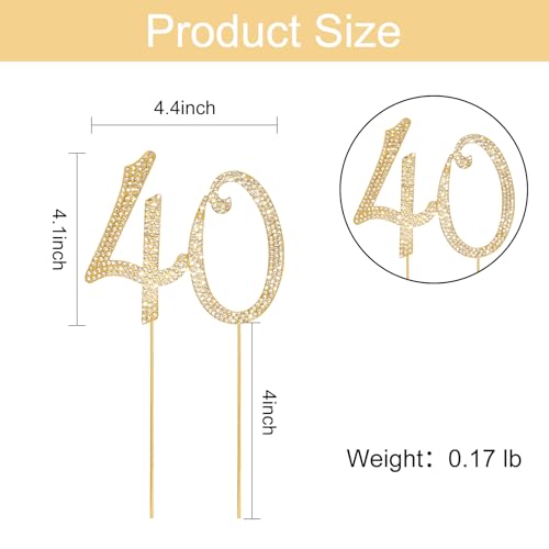 Gold 40th Birthday Cake Topper Rhinestones Cake Decorations for 40th Birthday Party (40th- Gold)