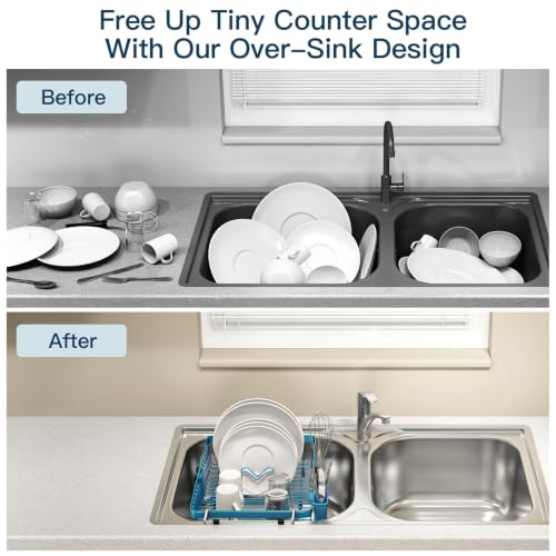Blue Expandable Dish Drying Rack Over Sink with Extra Drying Mat (Blue / For 13"-30" W Sink with Mat)