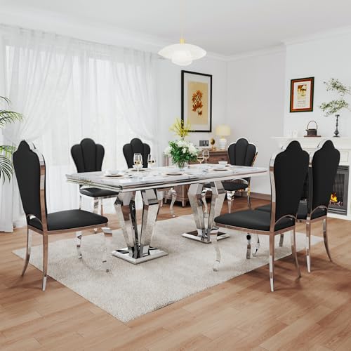 7 Piece Luxury Dining Room Set (Silver White + Black / Dining Table + 6 Petal Chairs)